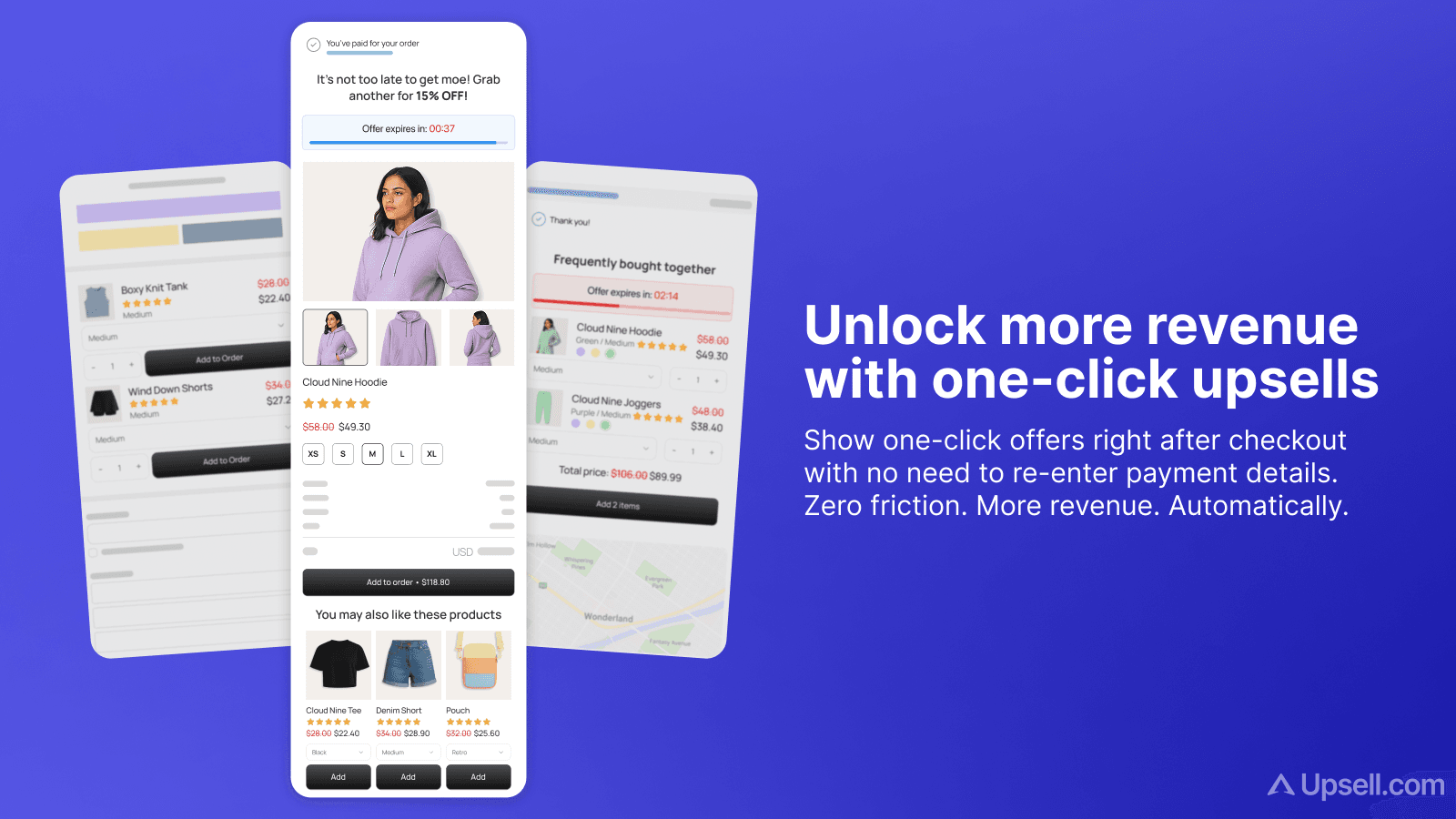 Example of a one-click post-purchase upsell page on Shopify built with Upsell.com: a limited-time discount offer shown right after payment, accepted in one tap