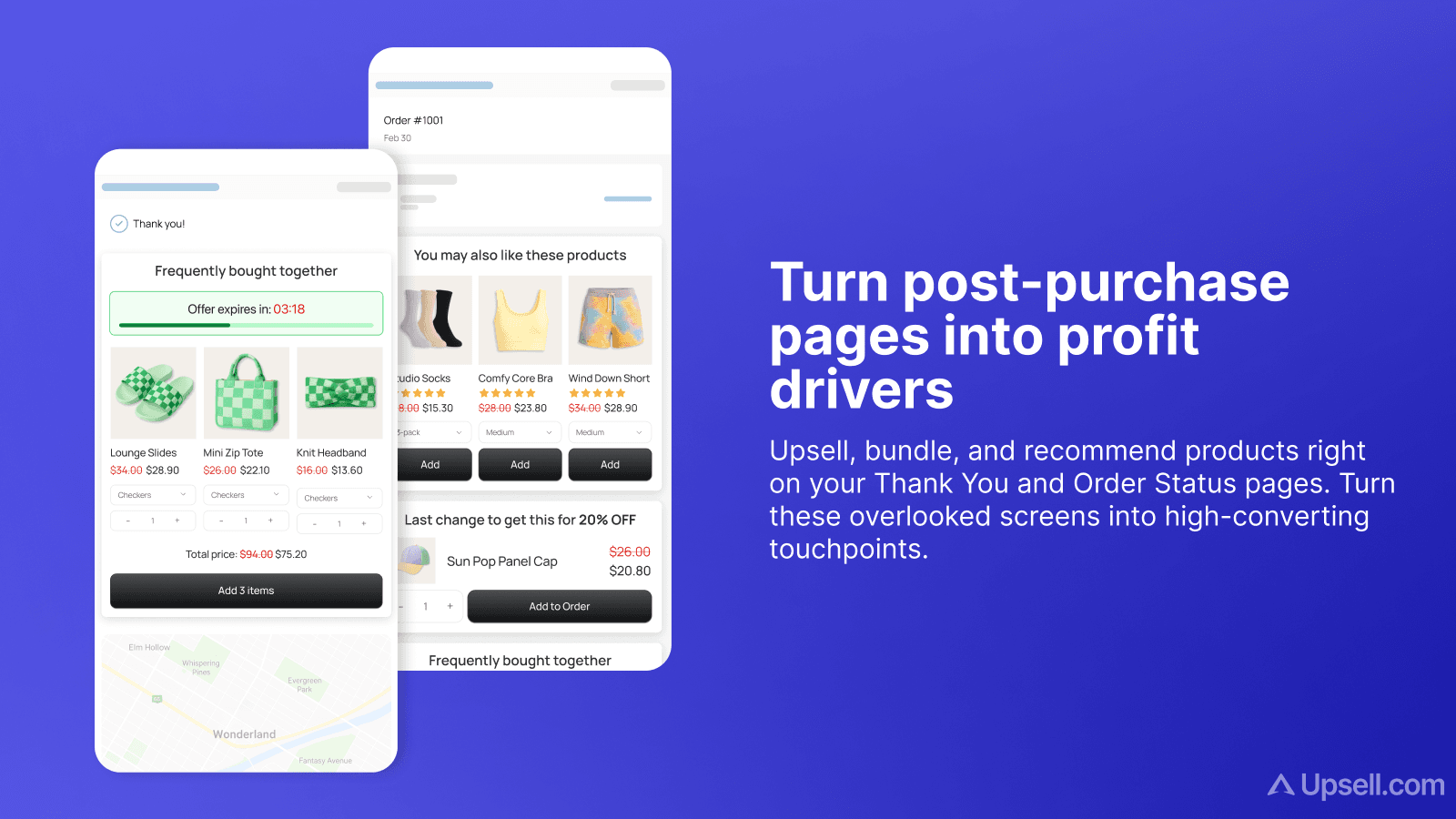 Example of a Shopify thank-you page and order status page optimized with Upsell.com widgets: frequently bought together bundle, product recommendations, and a limited-time offer
